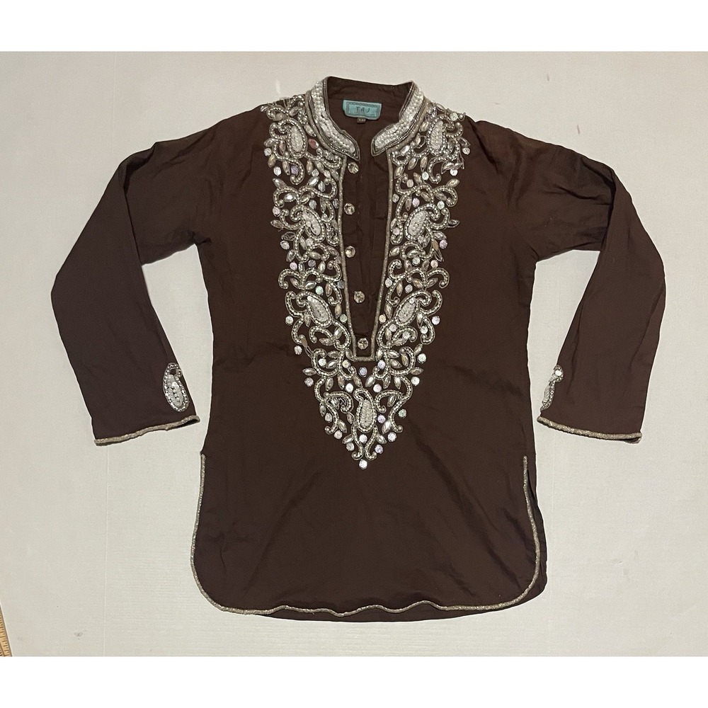 TAJ by Sabrina Crippa Long Sleeve Brown Tunic Embellishment Top Size Medium